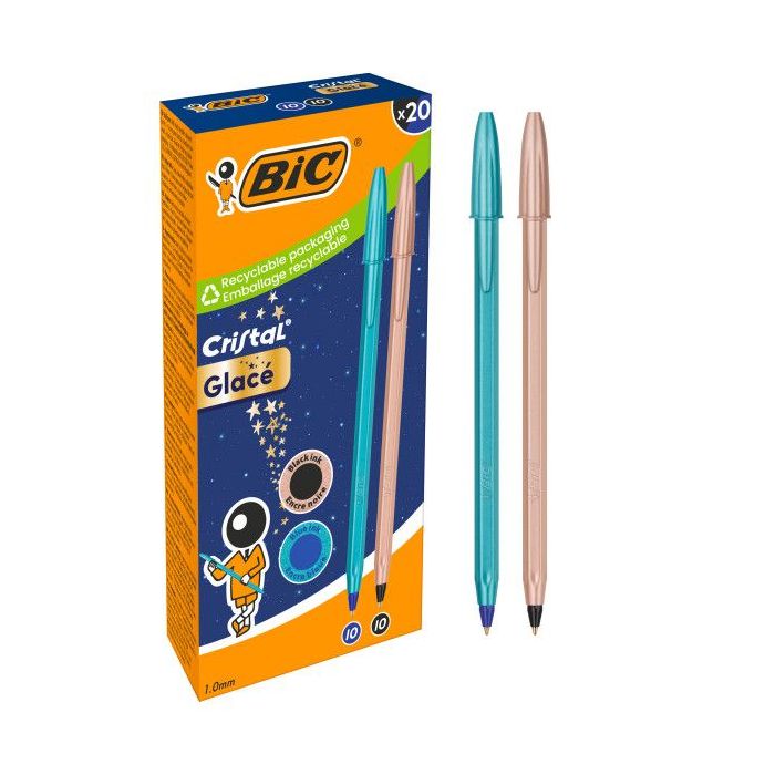 Bic Cristal Glace Pack con 20 Boligrafos de Bola - Cuerpo Opaco en Color Azul Metalizado Mate y Cobre Mate - Punta Redonda de 1m