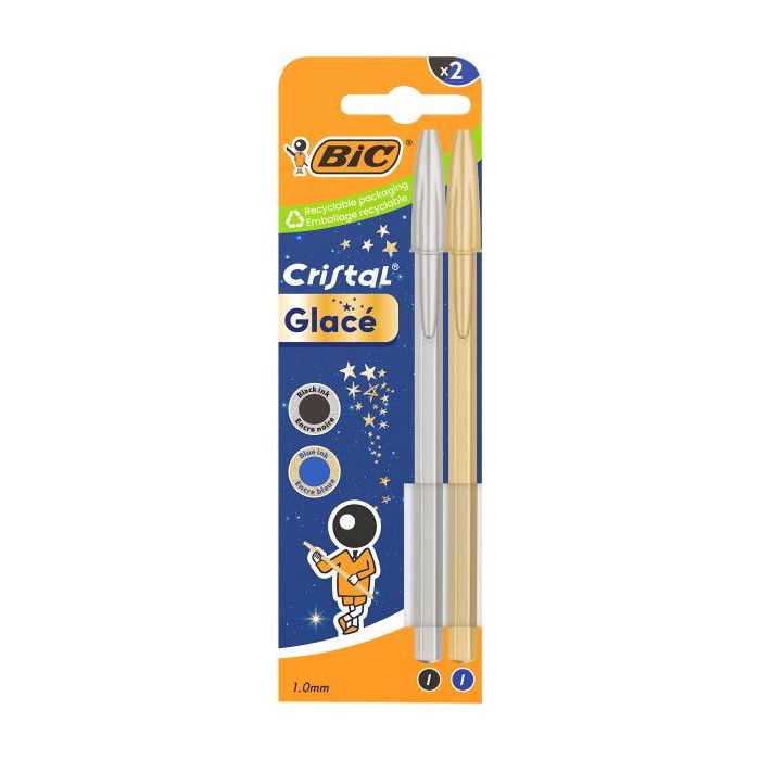 Bic Cristal Glace Pack con 2 Boligrafos de Bola - Cuerpo Opaco en Colores Metalizados Mate - Punta Redonda de 1mm - Trazo 0.4mm