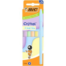 Bic Cristal Pastel Pack con 5 Boligrafos de Bola - Cuerpo Opaco en Colores Pastel - Punta redonda de 1mm - Trazo 0.4mm - Tinta c