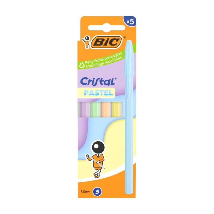Bic Cristal Pastel Pack con 5 Boligrafos de Bola - Cuerpo Opaco en Colores Pastel - Punta redonda de 1mm - Trazo 0.4mm - Tinta c