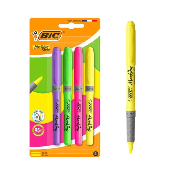 Bic Highlighter Grip Pack con 4 Marcadores Fluorescentes - Punta Biselada - Trazo entre 1.60 y 3.30 mm - Grip Texturizado - Colo