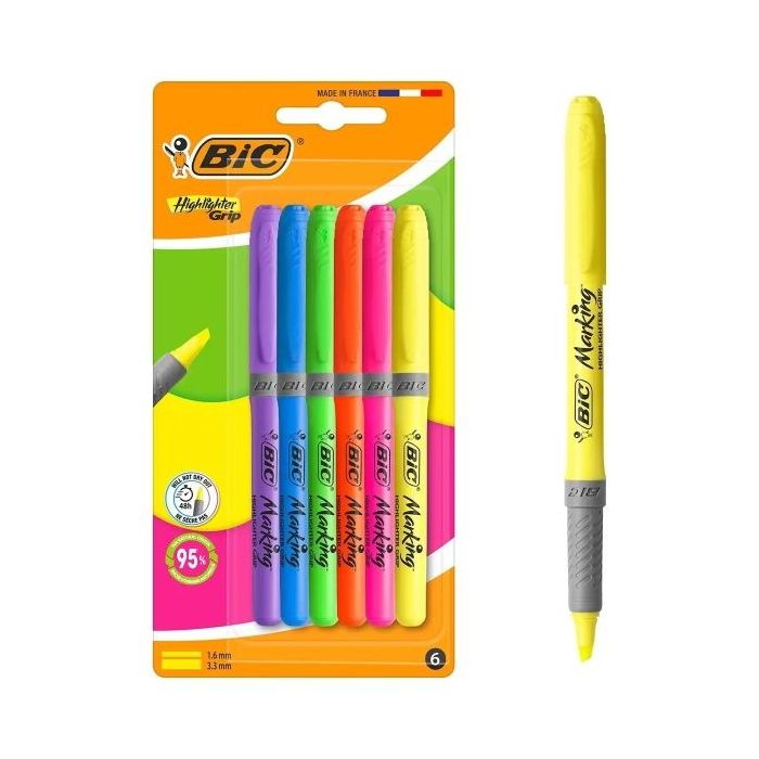 Bic Highlighter Grip Pack con 6 Marcadores Fluorescentes - Punta Biselada - Trazo entre 1.60 y 3.30 mm - Grip Texturizado - Colo