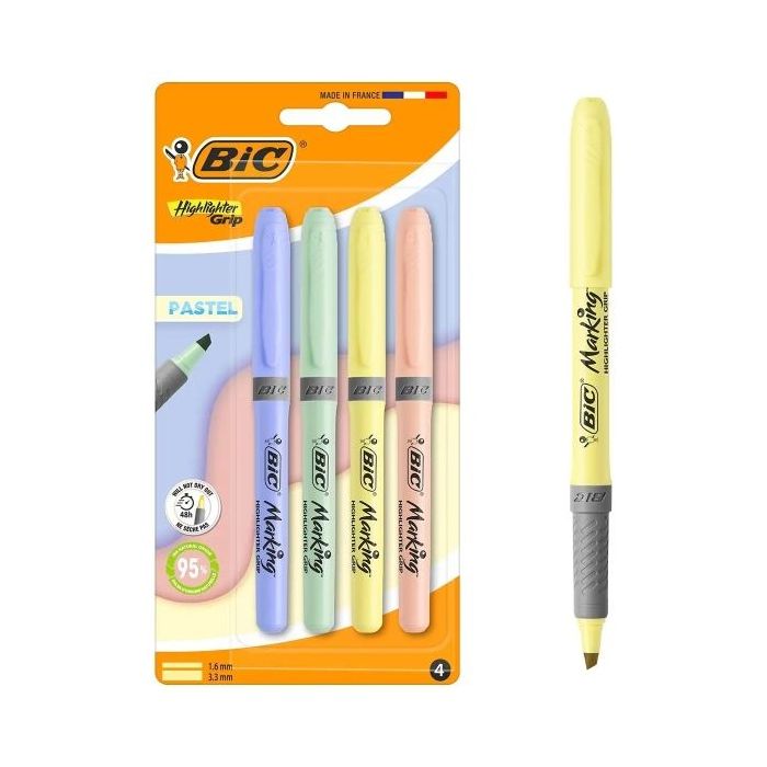 Bic Highlighter Grip Pack con 4 Marcadores Fluorescentes Pastel - Punta Biselada - Trazo entre 1.60 y 3.30 mm - Grip Texturizado