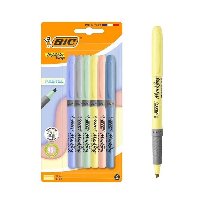Bic Highlighter Grip Pastel Pack con 6 Marcadores Fluorescentes Pastel - Punta Biselada - Trazo entre 1.60 y 3.30 mm - Grip Text