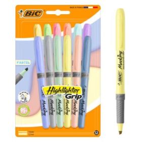 Bic Highlighter Grip Pastel Pack con 12 Marcadores Fluorescentes Pastel - Punta Biselada - Trazo entre 1.60 y 3.30 mm - Grip Tex