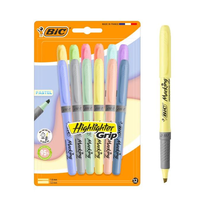 Bic Highlighter Grip Pastel Pack con 12 Marcadores Fluorescentes Pastel - Punta Biselada - Trazo entre 1.60 y 3.30 mm - Grip Tex