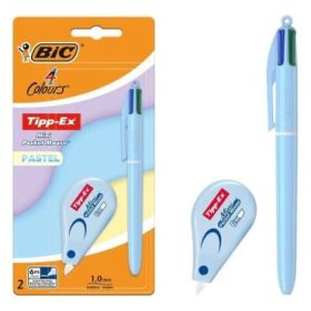 Bic 4 Colours Pastel Pack con 1 Boligrafo de Bola Retractil 4 Colores + Corrector Tipp-Ex Mini Pocket Mouse Pastel 5mmx6m - Punt