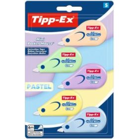 Tipp-Ex Mini Pocket Mouse Pastel Pack con 5 Cintas Correctoras 5mm x 6m - Resistente - Escritura Instantanea