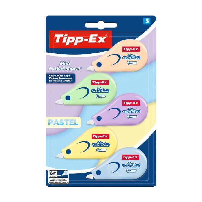 Tipp-Ex Mini Pocket Mouse Pastel Pack con 5 Cintas Correctoras 5mm x 6m - Resistente - Escritura Instantanea
