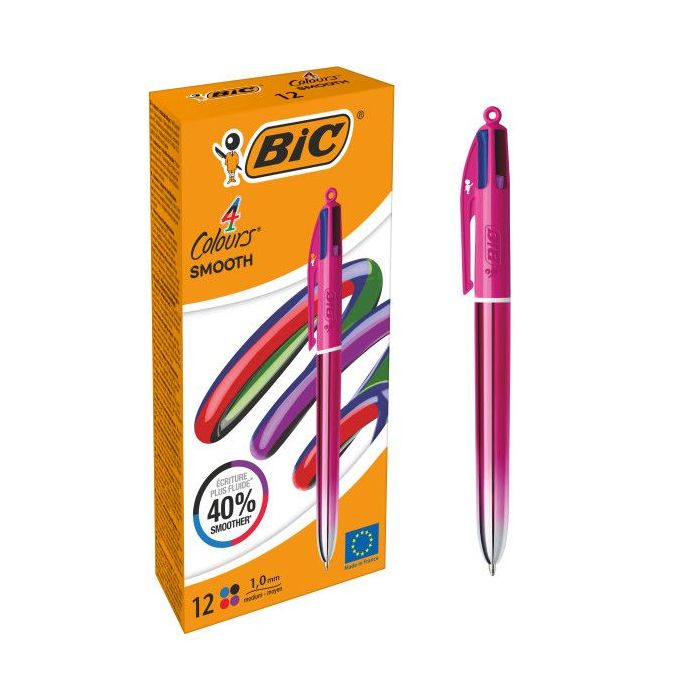 Bic 4 Colours Smooth Gradient Rosa Boligrafo de Bola Retractil - Punta Media de 1.0mm - Escritura un 40% mas Suave - 4 Colores d