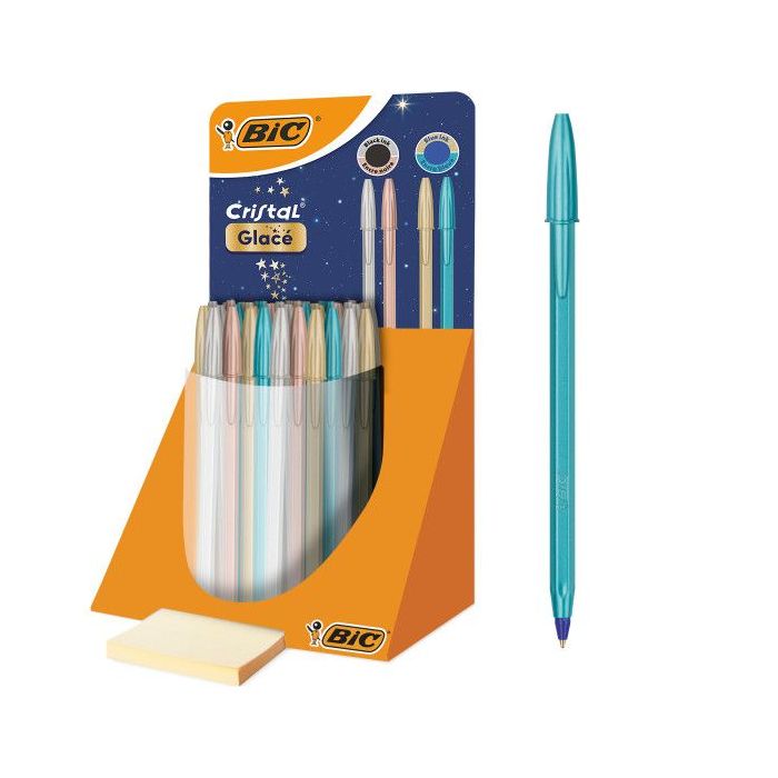 Bic Cristal Glace Expositor con 40 Boligrafos de Bola - Cuerpo Opaco en Colores Metalizados Mate - Punta Redonda de 1mm - Trazo
