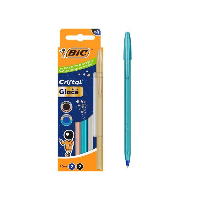 Bic Cristal Glace Pack con 4 Boligrafos de Bola - Cuerpo Opaco en Colores Metalizados Mate - Punta Redonda de 1mm - Trazo 0.4mm