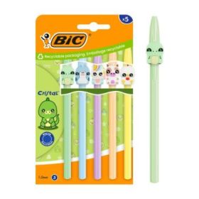 Bic Cristal Pastel Figurines Pack con 5 Boligrafos de Bola - Cuerpo Opaco en Colores Pastel con Figuras de Animales - Punta Redo