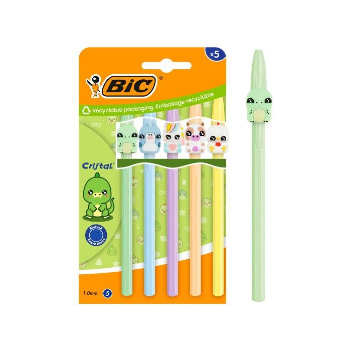 Bic Cristal Pastel Figurines Pack con 5 Boligrafos de Bola - Cuerpo Opaco en Colores Pastel con Figuras de Animales - Punta Redo