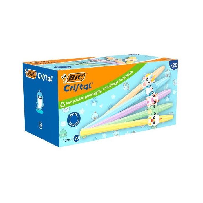Bic Cristal Pastel Figurines Pack con 20 Boligrafos de Bola - Cuerpo Opaco en Colores Pastel con Figuras de Animales - Punta Red
