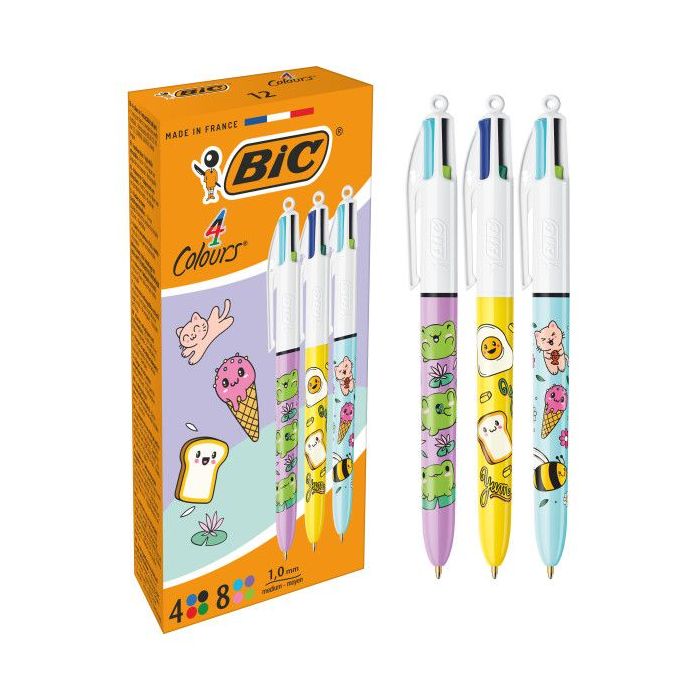 Bic 4 Colours Decors Kawaii Boligrafo de Bola Retractil - Punta Media de 1.0mm - Tinta con Base de Aceite - Cuerpo Decorado con