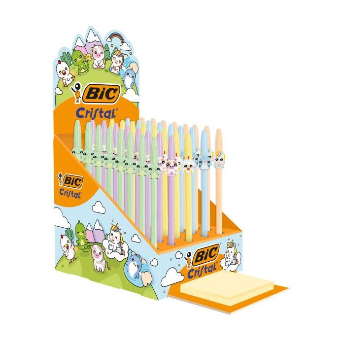 Bic Cristal Pastel Figurines Expositor con 40 Boligrafos de Bola - Cuerpo Opaco en Colores Pastel con Figuras de Animales - Punt