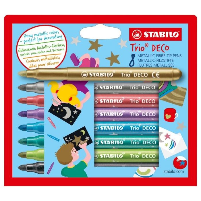 Stabilo Trio Deco Pack con 8 Rotuladores de Punta XL - Trazo 3mm - Zona de Agarre Triangular - Colores Metalicos Brillantes Surt