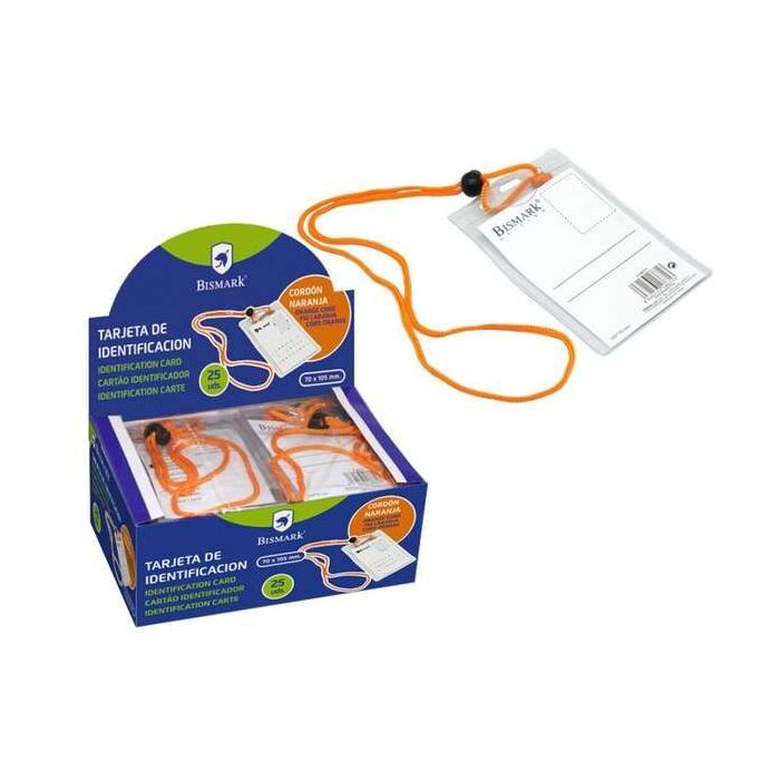 Bismark Portanombres Vertical con Cordon Naranja - Rapida Sustitucion de la Tarjeta - Tarjeta Incluida - Transparente