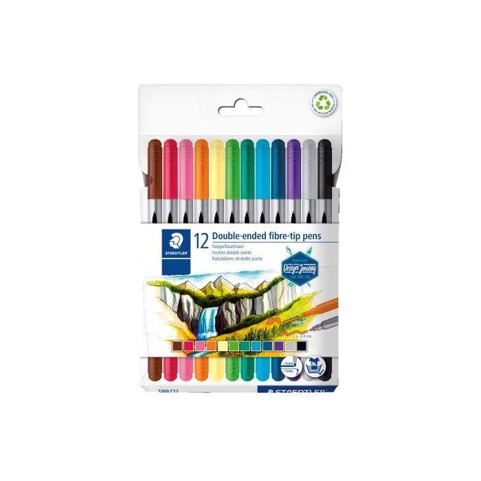 Staedtler 3200 Pack de 12 Rotuladores de Doble Punta - Resistente a la Presion - Colores Surtidos