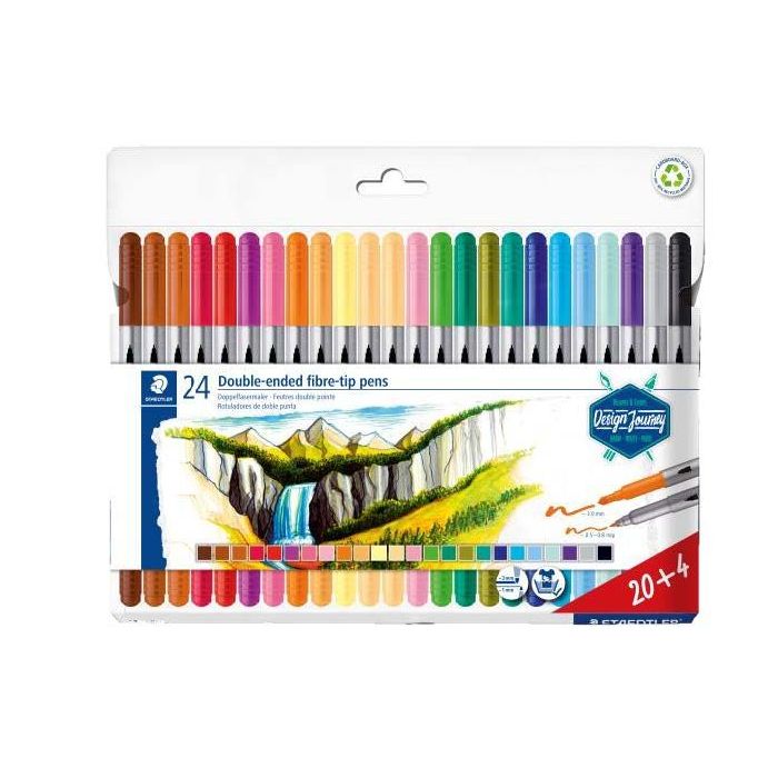 Staedtler 3200 Pack de 24 Rotuladores de Doble Punta - Resistente a la Presion - Colores Surtidos