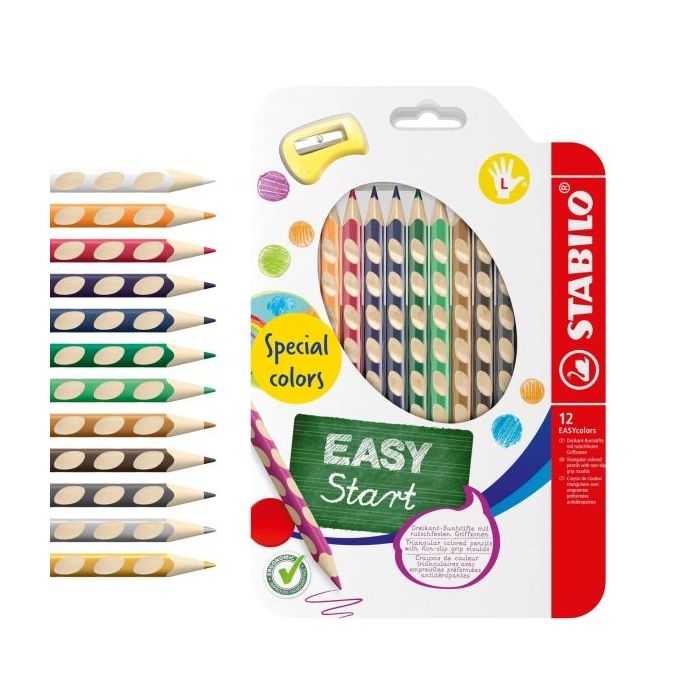 Stabilo Easycolors Special Colors Pack con 12 Lapices de Colores Ergonomicos + Sacapuntas - Mina de 4.2mm - Forma Triangular - U
