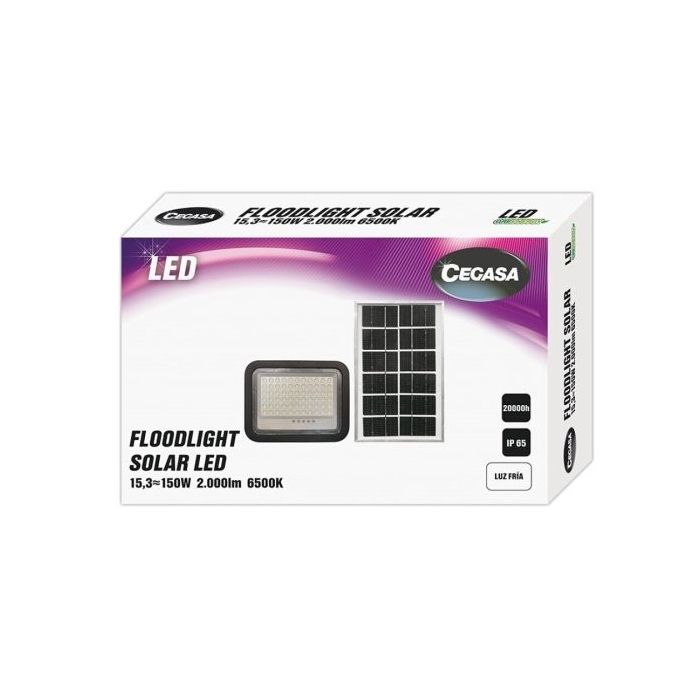 Cegasa Floodlight Foco Solar LED 2000lm 6500K - Panel Solar Integrado 5V-15W - Autonomia hasta 12h - Resistencia IP65