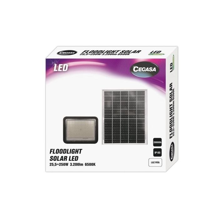 Cegasa Floodlight Foco Solar LED 3200lm 6500K - Panel Solar Integrado 5V-25W - Autonomia hasta 12h - Resistencia IP65