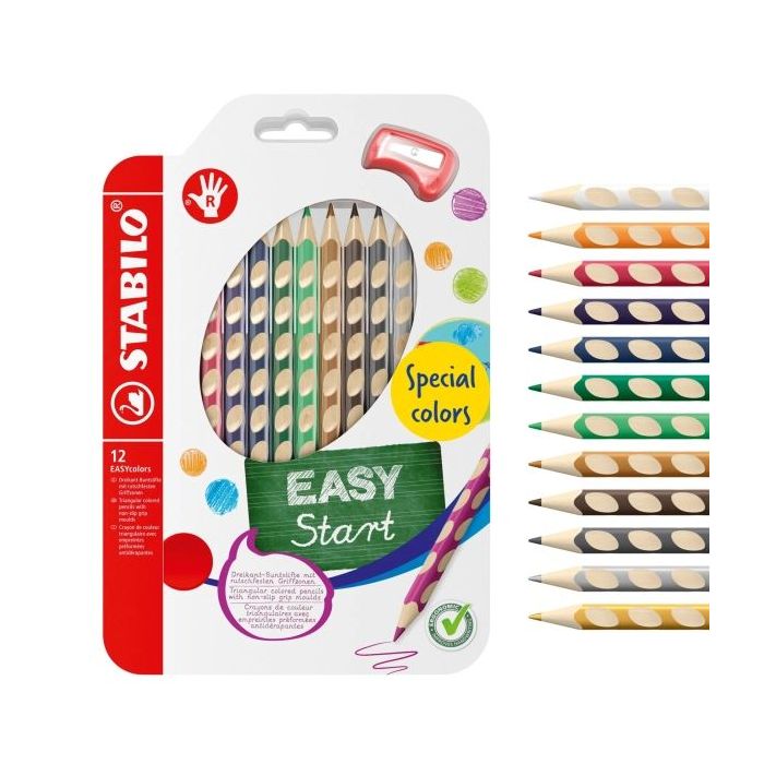Stabilo Easycolors Special Colors Pack con 12 Lapices de Colores Ergonomicos + Sacapuntas - Mina de 4.2mm - Forma Triangular - U
