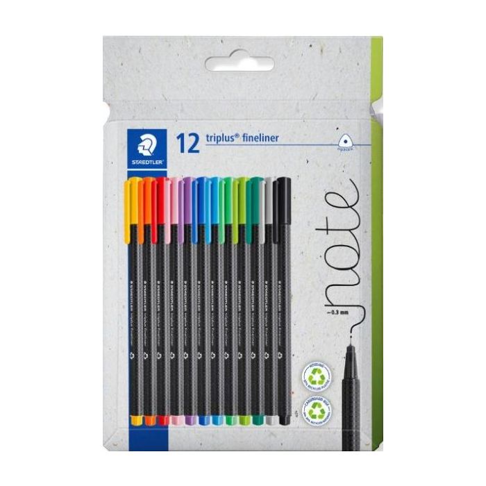 Staedtler Triplus Fineliner 334 Pack de 12 Rotuladores de Punta Fina - Trazo de 0.3mm aprox. - Tinta Antisecado a Base de Agua -
