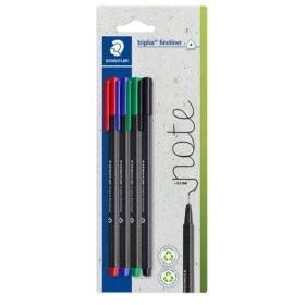 Staedtler Triplus Fineliner 334 Pack de 4 Rotuladores de Punta Fina - Trazo de 0.3mm aprox. - Tinta Antisecado a Base de Agua -