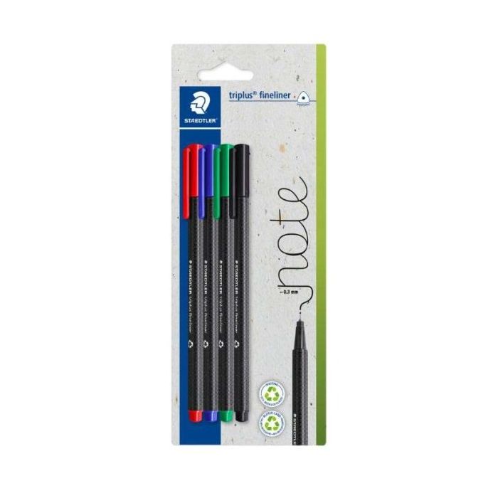 Staedtler Triplus Fineliner 334 Pack de 4 Rotuladores de Punta Fina - Trazo de 0.3mm aprox. - Tinta Antisecado a Base de Agua -