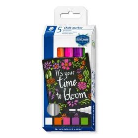 Staedtler Lumocolor 344 Pack de 5 Marcadores de Tiza Liquida - Trazo 2.4 mm Aprox - Facil Limpieza - Colores Surtidos