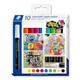 Staedtler Lumocolor 349 Pack con 10 Marcadores Acrilicos Permanentes - Trazo 2.4 mm aprox. - Tinta Base de Agua - Colores Surtid