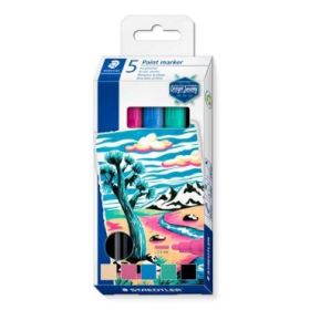 Staedtler Lumocolor 349 Pack con 5 Marcadores Acrilicos Permanentes - Trazo 2.4 mm aprox. - Tinta Base de Agua - Colores Surtido