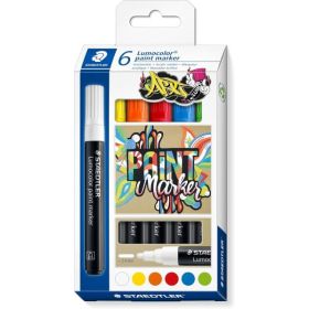Staedtler Lumocolor 349 Pack con 6 Marcadores Acrilicos Permanentes - Trazo 2.4 mm aprox. - Tinta Base de Agua - Colores Surtido
