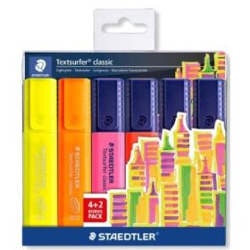 Staedtler Textsurfer Classic 364 Pack de 6 Marcadores Fluorescentes - Secado Rapido - Trazo 1 - 5mm Aprox - Colores Surtidos