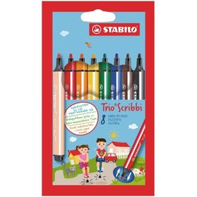 Stabilo Trio Scribbi Pack con 8 Rotuladores - Trazo entre 1,5-2mm - Forma Triangular - Tinta Super Lavable - Colores Surtidos