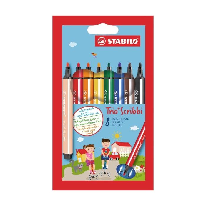 Stabilo Trio Scribbi Pack con 8 Rotuladores - Trazo entre 1,5-2mm - Forma Triangular - Tinta Super Lavable - Colores Surtidos