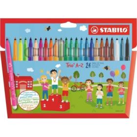 Stabilo Trio A-Z Pack con 24 Rotuladores de Punta Fina de Fibra - Trazo 0.7mm - Tinta Lavable - Zona de Agarre Triangular - Colo