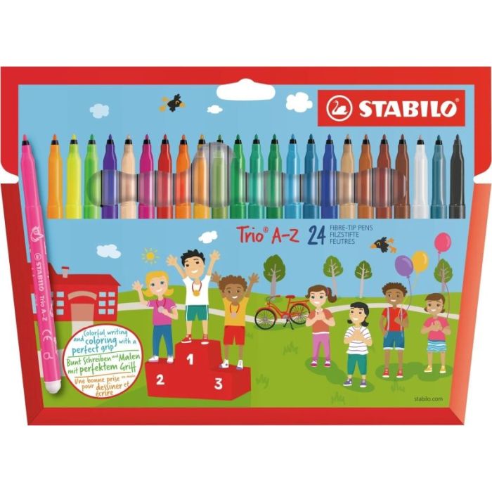 Stabilo Trio A-Z Pack con 24 Rotuladores de Punta Fina de Fibra - Trazo 0.7mm - Tinta Lavable - Zona de Agarre Triangular - Colo