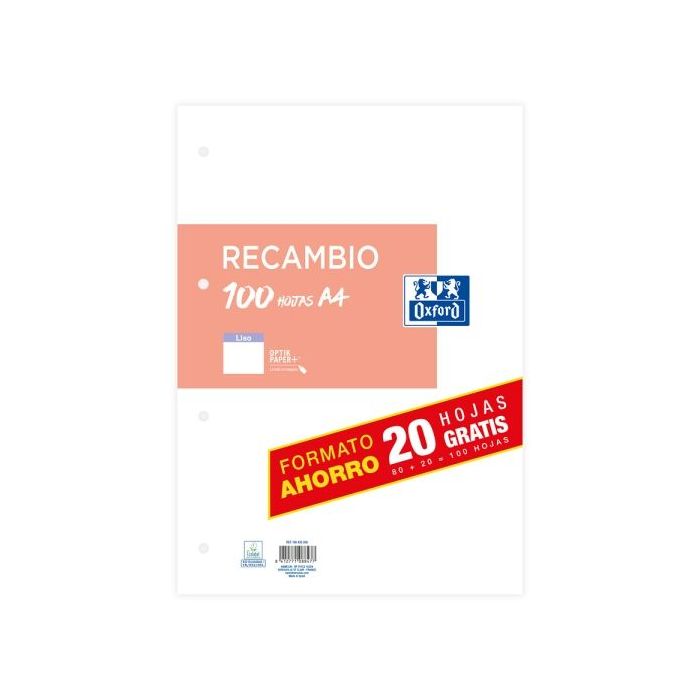 Oxford Classic Recambio de 100 Hojas Sueltas A4 Liso 4 Taladros