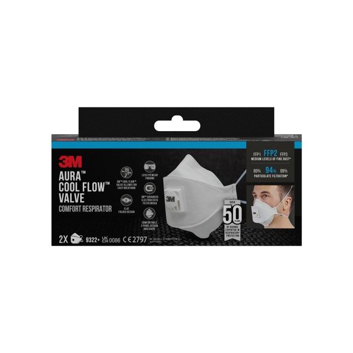 3M Aura Comfort Cool Flow Pack de 2 Mascarillas para Particulas FFP2 - Desechable - con Valvula - para Niveles Medios de Particu