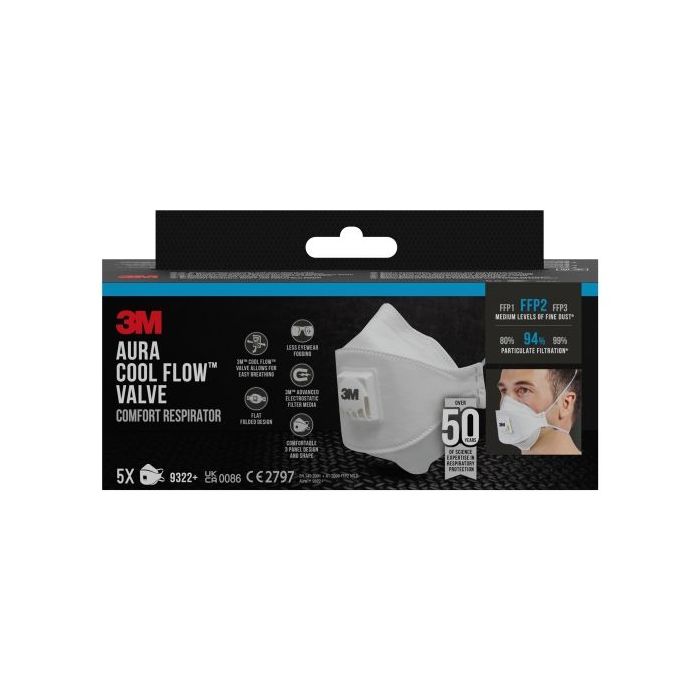 3M Aura Comfort Cool Flow Pack de 5 Mascarillas para Particulas FFP2 - Desechable - con Valvula - para Niveles Medios de Particu