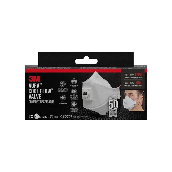 3M Aura Comfort Cool Flow Pack de 2 Mascarillas para Particulas FFP3 - Desechable - con Valvula - para Altos Niveles de Particul