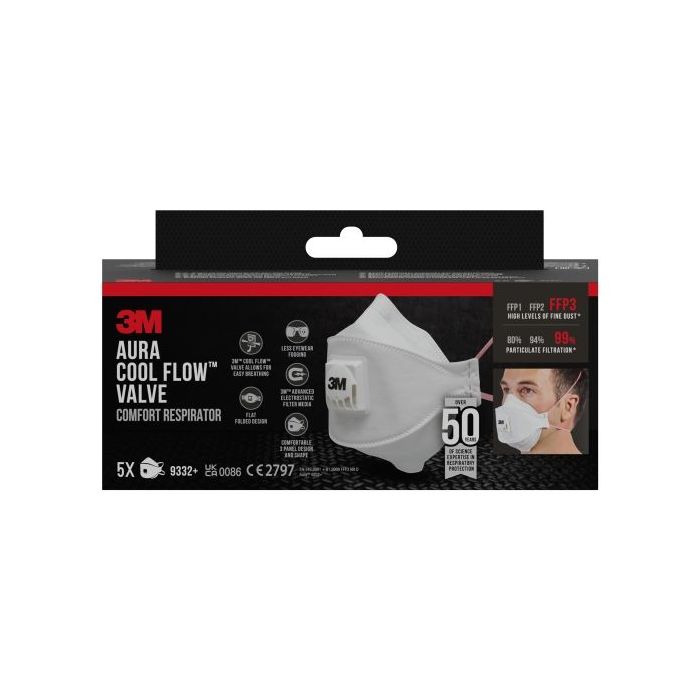 3M Aura Comfort Cool Flow Pack de 5 Mascarillas para Particulas FFP3 - Desechable - con Valvula - para Altos Niveles de Particul