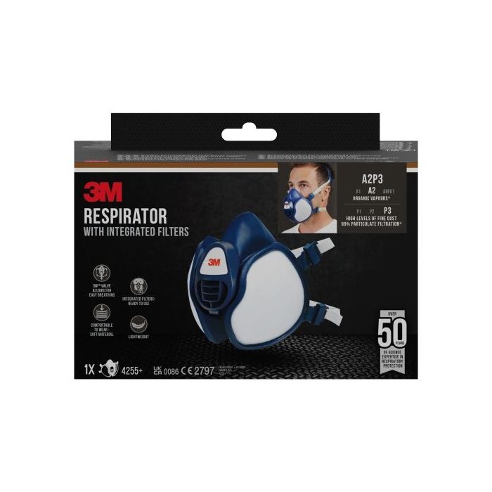 3M Mascarilla de Media Cara - Filtros Integrados - Proteccion Contra Vapores Organicos - Reutilizable - Color Blanco/Azul