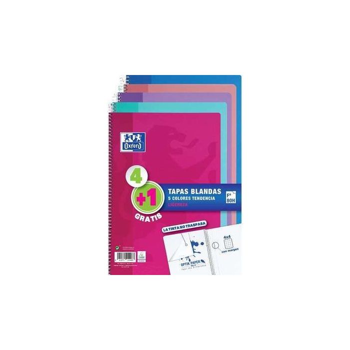 Oxford Pack 4+1 Cuadernos Espiral Formato Folio Cuadriculado 4x4mm - 80 Hojas - Tapa Blanda - Colores Tendencia Surtidos