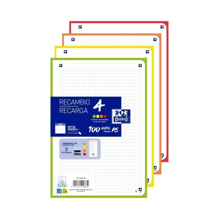 Oxford Recambios de 100 Hojas - Formato A5 - Cuadricula 5x5mm - 4 Taladros - Digitalizacion de Textos con App - Bandas de Colore