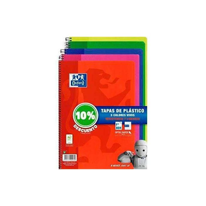 Oxford Classic Pack de 5 Cuadernos Espiral Formato Folio Cuadriculado 4x4mm - 80 Hojas - Tapa de Plastico - Colores Vivos Surtid